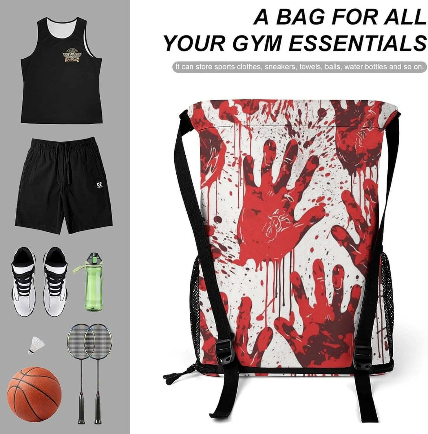 Drawstring Backpack,Bloody Handprints Printed Drawstring Bags,String Backpack with Shoes Compartment And Wet Proof Pocket,Small Sports Gym Cinch Bags for Women & Men