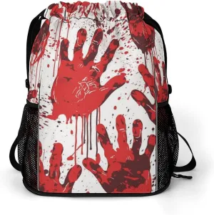 Drawstring Backpack,Bloody Handprints Printed Drawstring Bags,String Backpack with Shoes Compartment And Wet Proof Pocket,Small Sports Gym Cinch Bags for Women & Men