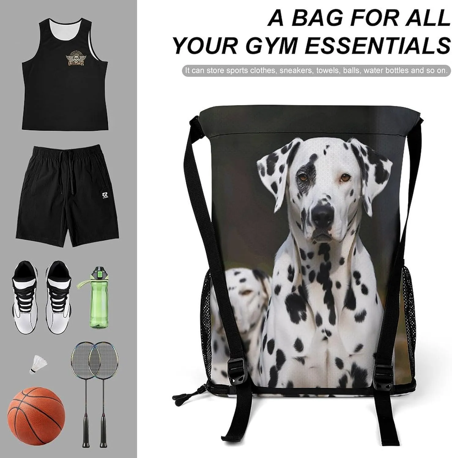 Drawstring Backpack,Dalmatian Dog Printed Drawstring Bags,String Backpack with Shoes Compartment And Wet Proof Pocket,Small Sports Gym Cinch Bags for Women & Men
