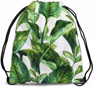Drawstring Bag Bright Green Plants Waterproof Basketball Bag Big Tropical Leaf Palm Stroage Small Exercise Accessiors Water Bottle Change of Clothes Shoes Ball