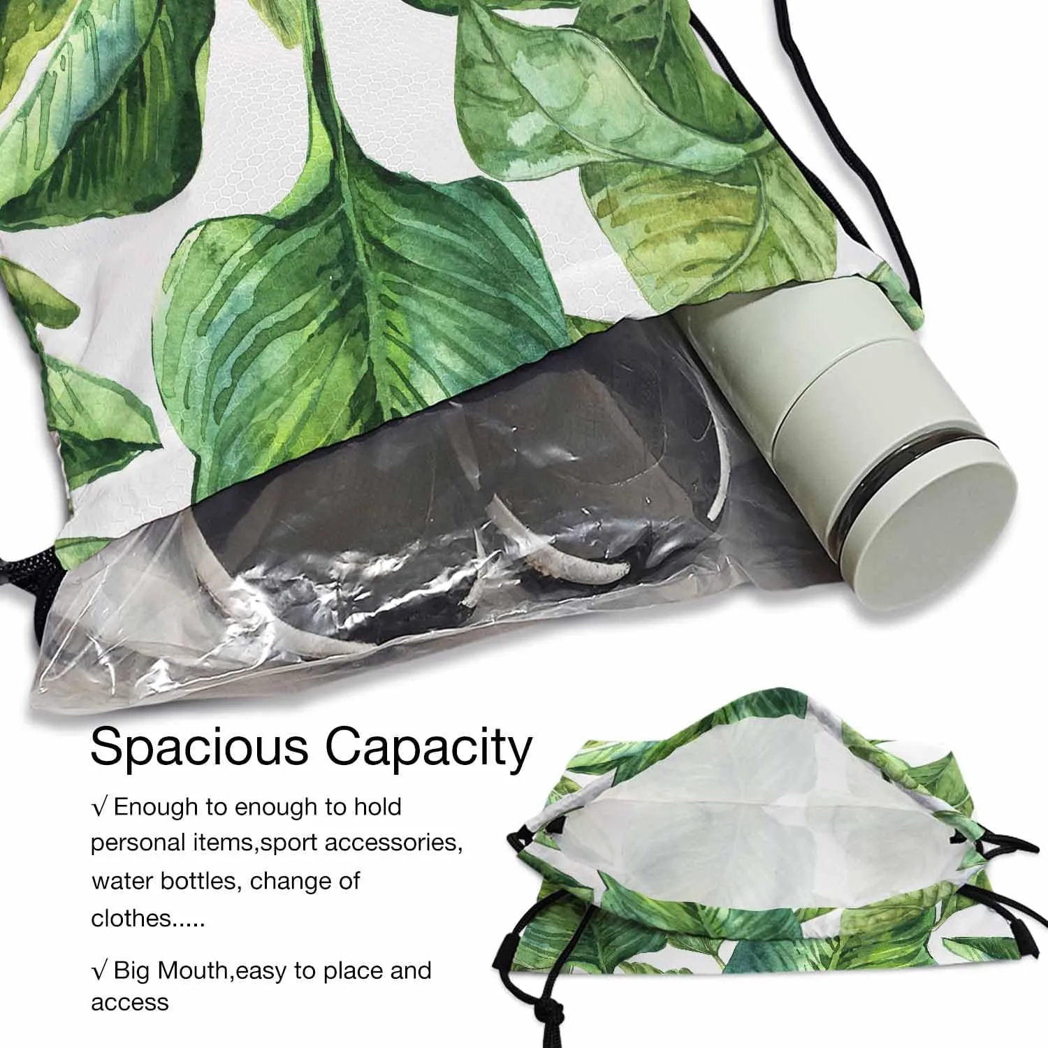 Drawstring Bag Bright Green Plants Waterproof Basketball Bag Big Tropical Leaf Palm Stroage Small Exercise Accessiors Water Bottle Change of Clothes Shoes Ball