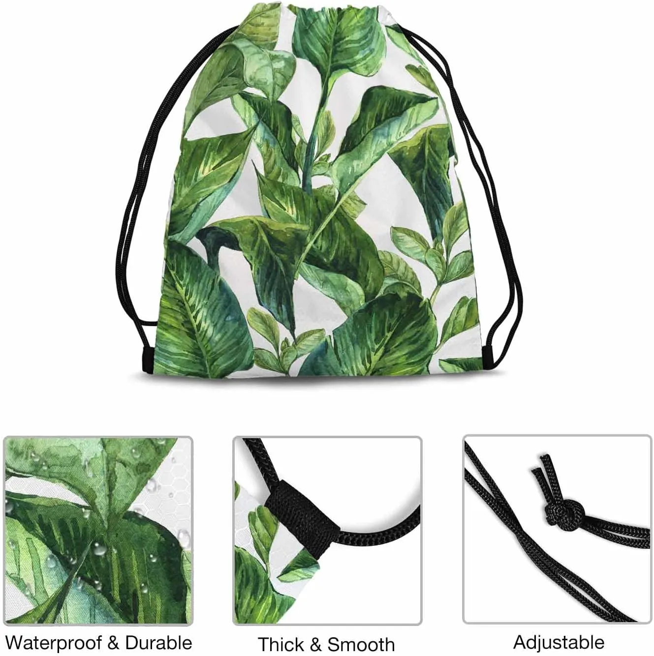 Drawstring Bag Bright Green Plants Waterproof Basketball Bag Big Tropical Leaf Palm Stroage Small Exercise Accessiors Water Bottle Change of Clothes Shoes Ball