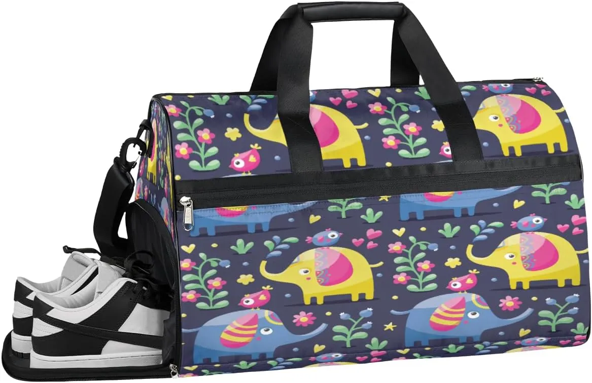 Elephant Bird Flowers Resistant Sports Gym Bag for Women Men Travel Duffel bag with Wet Pocket & Shoes Compartment Waterproof Weekender Bag 19.7"x9.9"x13"