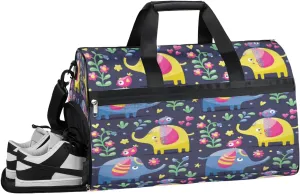 Elephant Bird Flowers Resistant Sports Gym Bag for Women Men Travel Duffel bag with Wet Pocket & Shoes Compartment Waterproof Weekender Bag 19.7"x9.9"x13"
