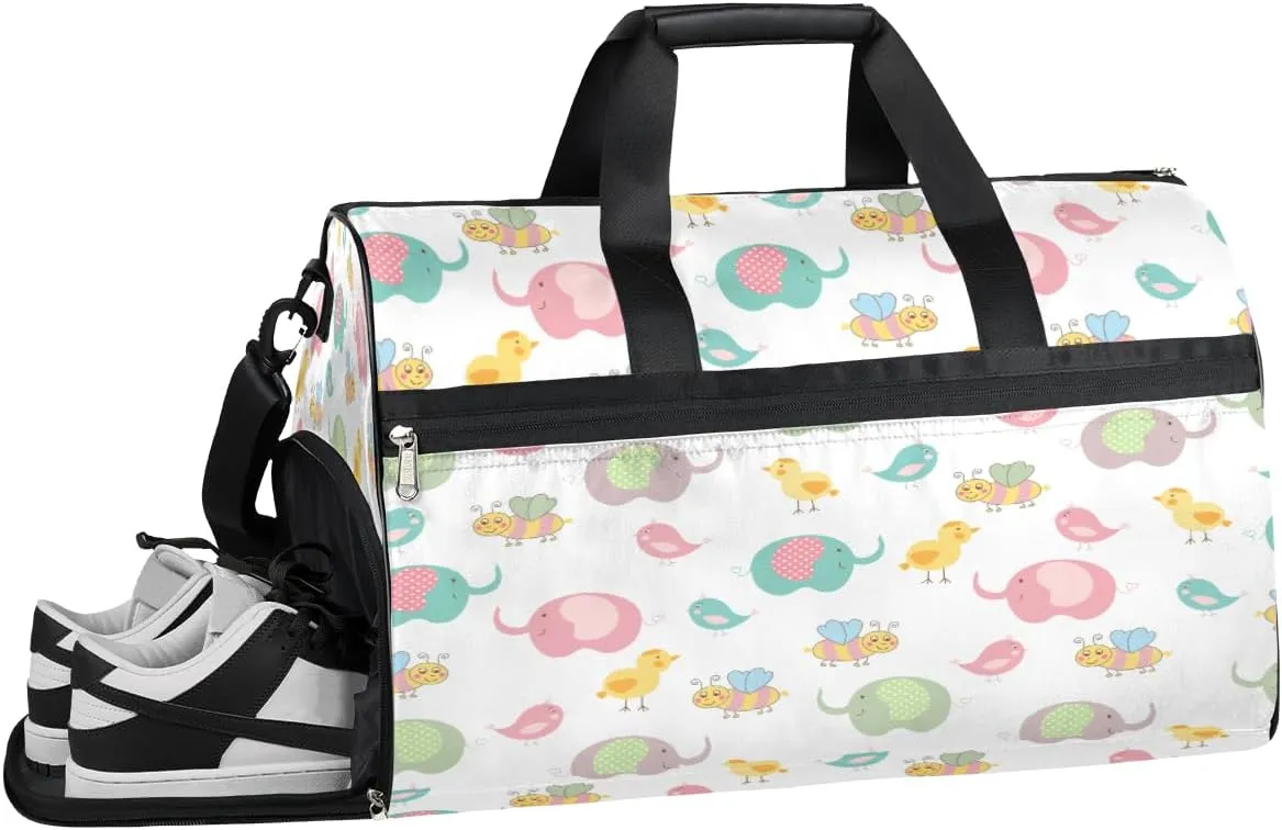 Elephant Birds Bee Resistant Sports Gym Bag for Women Men Travel Duffel bag with Wet Pocket & Shoes Compartment Waterproof Weekender Bag 19.7"x9.9"x13"