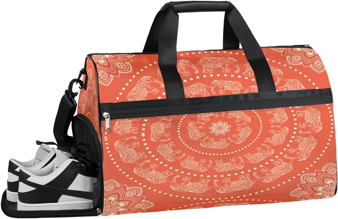 Elephant Mandala Resistant Sports Gym Bag for Women Men Travel Duffel bag with Wet Pocket & Shoes Compartment Waterproof Weekender Bag 19.7"x9.9"x13"