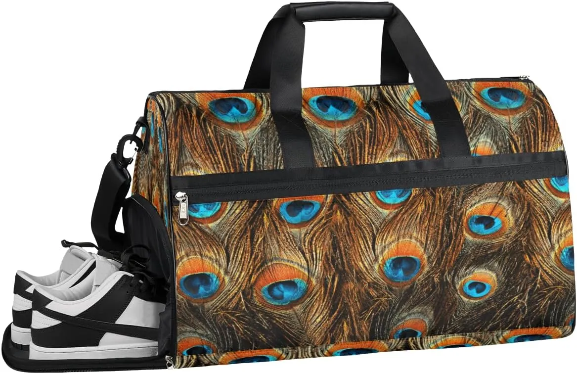 Feathers Peacock Resistant Sports Gym Bag for Women Men Travel Duffel bag with Wet Pocket & Shoes Compartment Waterproof Weekender Bag 19.7"x9.9"x13"