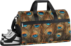 Feathers Peacock Resistant Sports Gym Bag for Women Men Travel Duffel bag with Wet Pocket & Shoes Compartment Waterproof Weekender Bag 19.7"x9.9"x13"