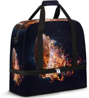 Fire American Football Rugby Foldable Travel Duffel Bag Tote Carry on Luggage Sport Duffle for Women Men Gym Bag Overnight Weekender Bags with Shoe Compartments & Shoulder Strap