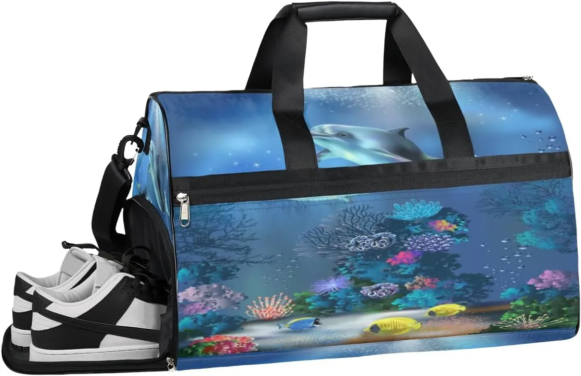 Fish Dolphin Coral Resistant Sports Gym Bag for Women Men Travel Duffel bag with Wet Pocket & Shoes Compartment Waterproof Weekender Bag 19.7"x9.9"x13"