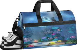 Fish Dolphin Coral Resistant Sports Gym Bag for Women Men Travel Duffel bag with Wet Pocket & Shoes Compartment Waterproof Weekender Bag 19.7"x9.9"x13"