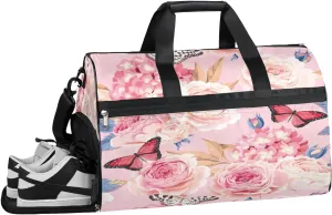Floral Rose Butterfly Resistant Sports Gym Bag for Women Men Travel Duffel bag with Wet Pocket & Shoes Compartment Waterproof Weekender Bag 19.7"x9.9"x13"