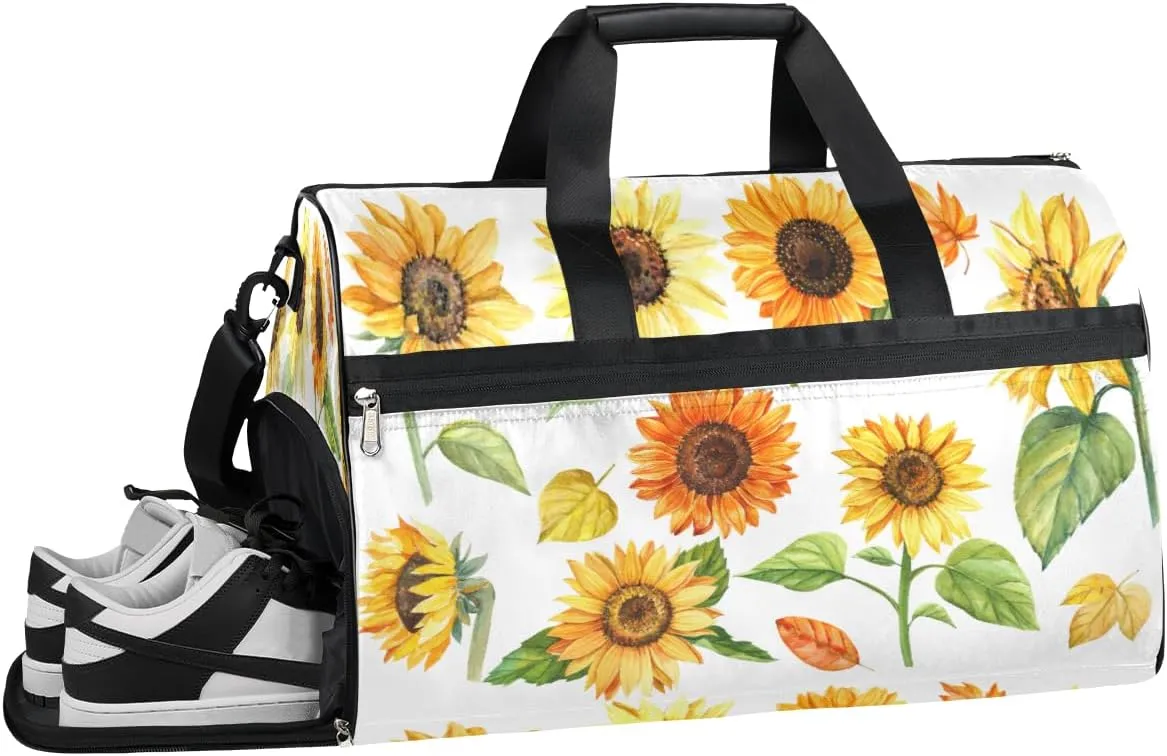 Flower Autumn Sunflowers Resistant Sports Gym Bag for Women Men Travel Duffel bag with Wet Pocket & Shoes Compartment Waterproof Weekender Bag 19.7"x9.9"x13"