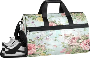 Flower Floral Rose Resistant Sports Gym Bag for Women Men Travel Duffel bag with Wet Pocket & Shoes Compartment Waterproof Weekender Bag 19.7"x9.9"x13"