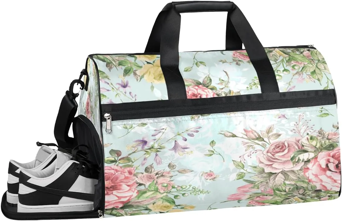 Flower Floral Rose Resistant Sports Gym Bag for Women Men Travel Duffel bag with Wet Pocket & Shoes Compartment Waterproof Weekender Bag 19.7"x9.9"x13"