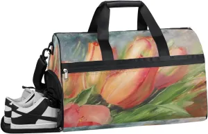 Flower Floral Tulip Resistant Sports Gym Bag for Women Men Travel Duffel bag with Wet Pocket & Shoes Compartment Waterproof Weekender Bag 19.7"x9.9"x13"