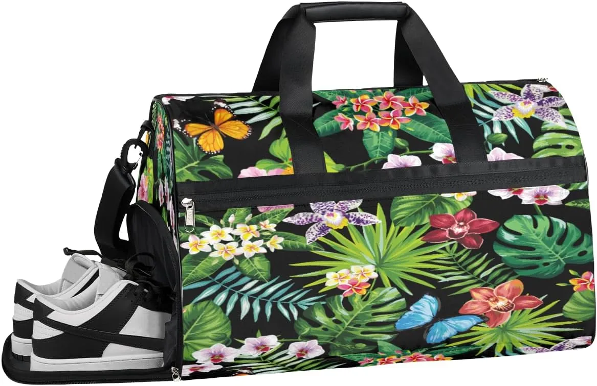 Flower Leaves Butterfly Resistant Sports Gym Bag for Women Men Travel Duffel bag with Wet Pocket & Shoes Compartment Waterproof Weekender Bag 19.7"x9.9"x13"