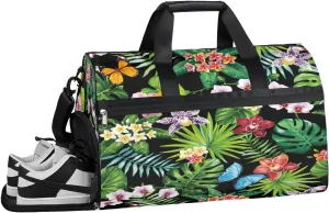 Flower Leaves Butterfly Resistant Sports Gym Bag for Women Men Travel Duffel bag with Wet Pocket & Shoes Compartment Waterproof Weekender Bag 19.7"x9.9"x13"