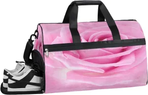 Flower Pink Rose Resistant Sports Gym Bag for Women Men Travel Duffel bag with Wet Pocket & Shoes Compartment Waterproof Weekender Bag 19.7"x9.9"x13"
