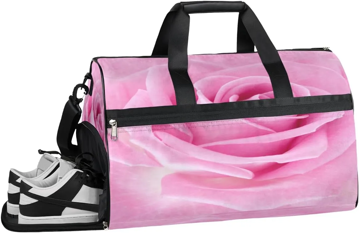 Flower Pink Rose Resistant Sports Gym Bag for Women Men Travel Duffel bag with Wet Pocket & Shoes Compartment Waterproof Weekender Bag 19.7"x9.9"x13"