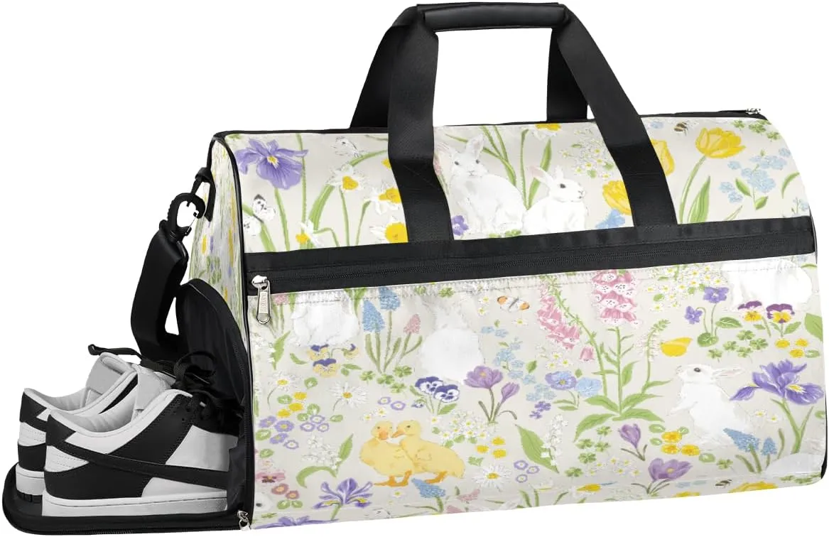 Flower Rabbit Duck Resistant Sports Gym Bag for Women Men Travel Duffel bag with Wet Pocket & Shoes Compartment Waterproof Weekender Bag 19.7"x9.9"x13"