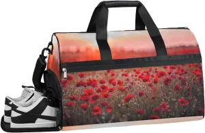Flower Red Poppies Resistant Sports Gym Bag for Women Men Travel Duffel bag with Wet Pocket & Shoes Compartment Waterproof Weekender Bag 19.7"x9.9"x13"