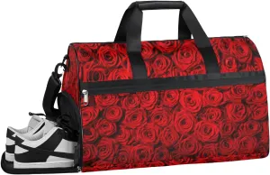 Flower Red Roses Resistant Sports Gym Bag for Women Men Travel Duffel bag with Wet Pocket & Shoes Compartment Waterproof Weekender Bag 19.7"x9.9"x13"