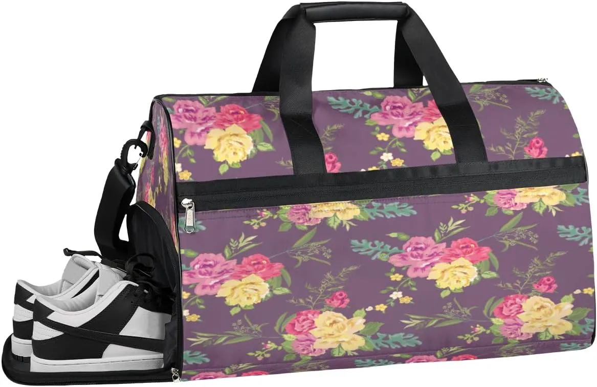 Flower Roses Leaves Resistant Sports Gym Bag for Women Men Travel Duffel bag with Wet Pocket & Shoes Compartment Waterproof Weekender Bag 19.7"x9.9"x13"