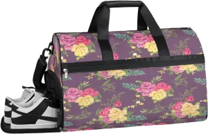 Flower Roses Leaves Resistant Sports Gym Bag for Women Men Travel Duffel bag with Wet Pocket & Shoes Compartment Waterproof Weekender Bag 19.7"x9.9"x13"