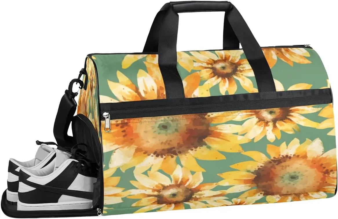 Flower Sunflowers Theme Resistant Sports Gym Bag for Women Men Travel Duffel bag with Wet Pocket & Shoes Compartment Waterproof Weekender Bag 19.7"x9.9"x13"