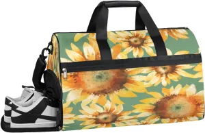 Flower Sunflowers Theme Resistant Sports Gym Bag for Women Men Travel Duffel bag with Wet Pocket & Shoes Compartment Waterproof Weekender Bag 19.7"x9.9"x13"