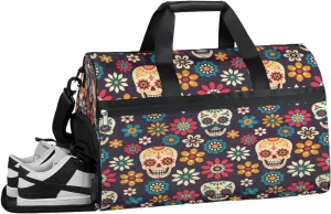 Flowers Skulls Resistant Sports Gym Bag for Women Men Travel Duffel bag with Wet Pocket & Shoes Compartment Waterproof Weekender Bag 19.7"x9.9"x13"