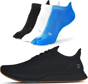 FLUX FOOTWEAR Adapt Bundle  Womens Zero-Drop Running Shoes with Knit Upper & UltraFlex Midsole   3-Pack Medium No-Show Toe Socks  Lightweight, Breathable, and Versatile  Black/Gum RN - W11/M9.5
