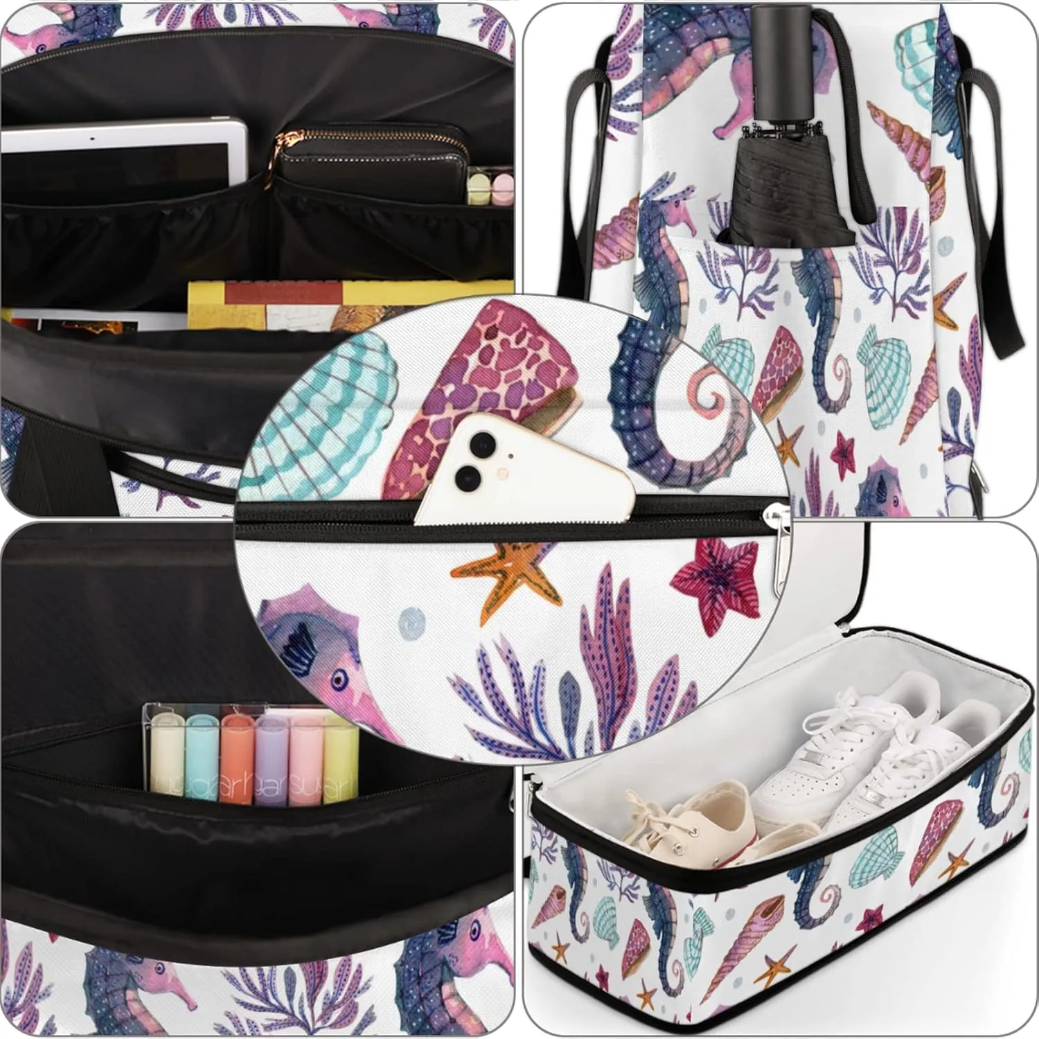 Foldable Travel Duffel Bag with Shoe Compartments Carry on Luggage Sport Duffle Tote for Women Men Gym Bag Overnight Weekender Bags (Sea Horse)