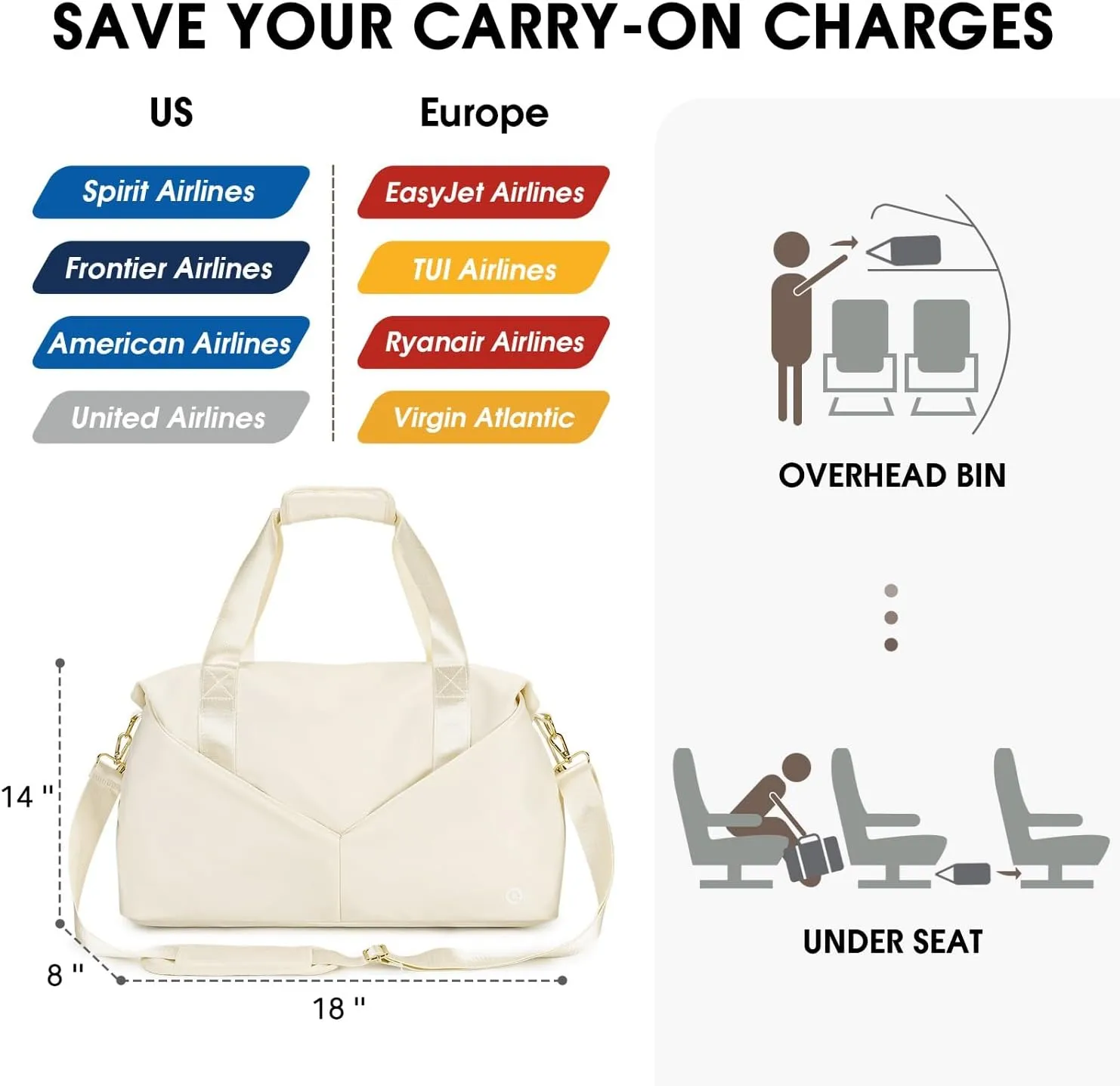 For Spirit Airlines Personal Item Travel Duffel Underseat Carry-on Luggage With TSA Approved Quart Size & Shoes Bag, Weekender Overnight for Women, Beige, 18x14x8