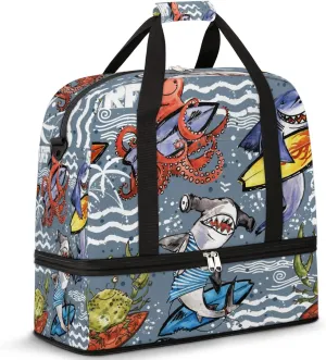 Funny Watercolor Animal Shark Whale Octopus Foldable Travel Duffel Bag Tote Carry on Luggage Sport Duffle for Women Men Gym Bag Overnight Weekender Bags with Shoe Compartments and Shoulder Strap