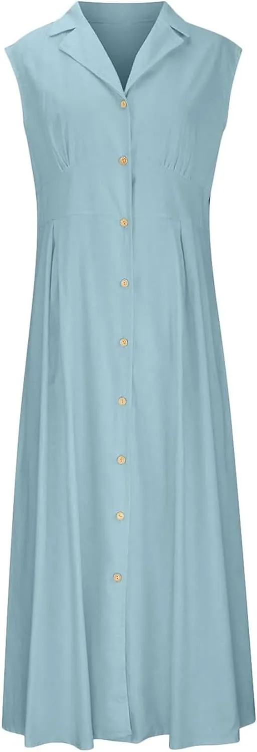Geleglaer Linen Dresses for Womens Button Down Sleeveless Maxi Dress Casual Cotton Linen Tank Dress Summer Dress 2024