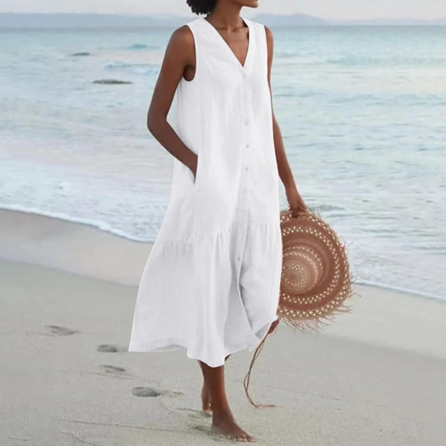 Geleglaer Linen Dresses for Womens Button Down Sleeveless Maxi Dress Casual Cotton Linen Tank Dress Summer Dress 2024