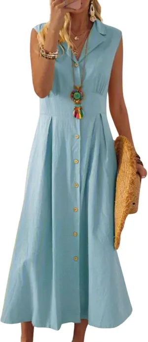 Geleglaer Linen Dresses for Womens Button Down Sleeveless Maxi Dress Casual Cotton Linen Tank Dress Summer Dress 2024