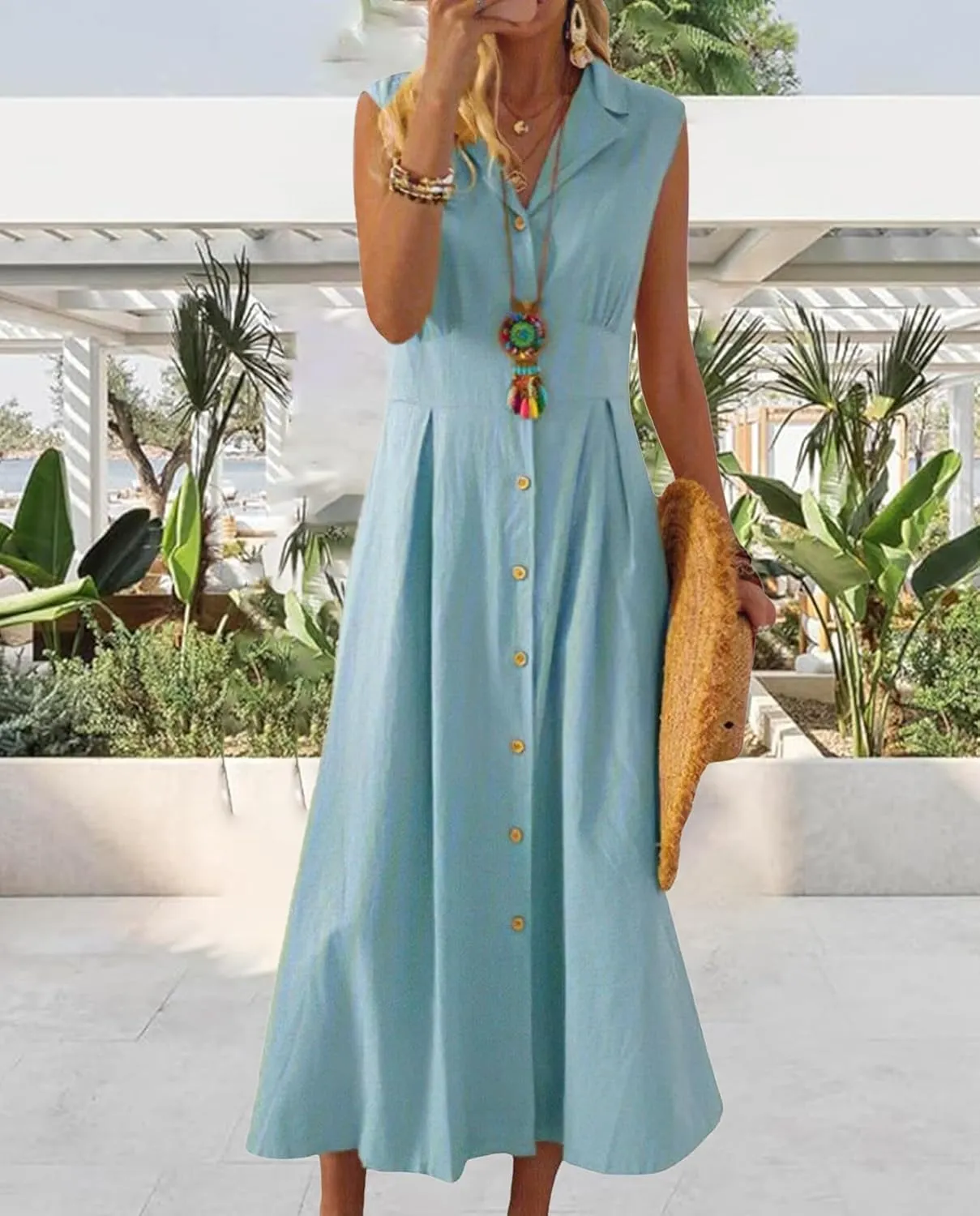Geleglaer Linen Dresses for Womens Button Down Sleeveless Maxi Dress Casual Cotton Linen Tank Dress Summer Dress 2024