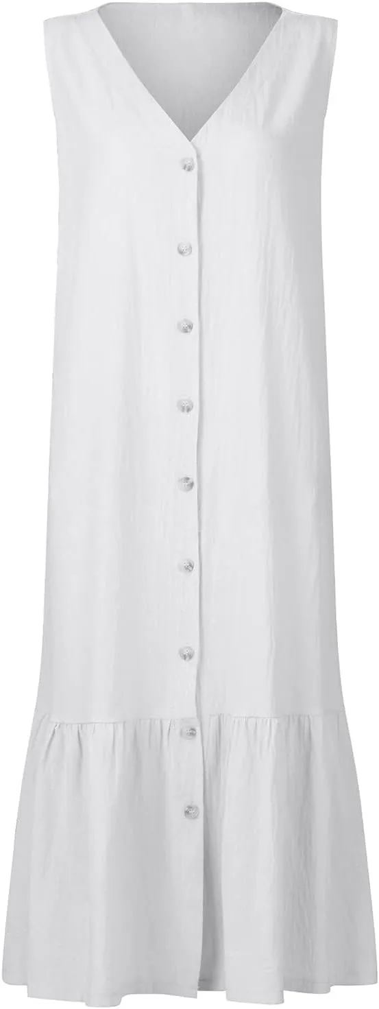 Geleglaer Linen Dresses for Womens Button Down Sleeveless Maxi Dress Casual Cotton Linen Tank Dress Summer Dress 2024
