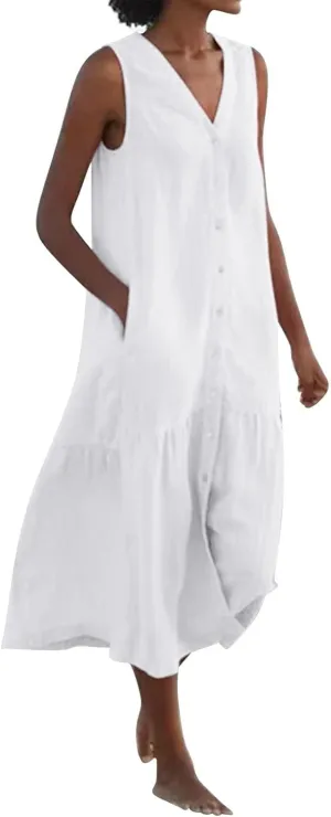 Geleglaer Linen Dresses for Womens Button Down Sleeveless Maxi Dress Casual Cotton Linen Tank Dress Summer Dress 2024