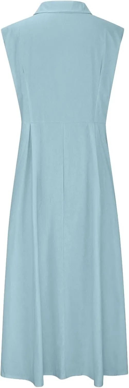 Geleglaer Linen Dresses for Womens Button Down Sleeveless Maxi Dress Casual Cotton Linen Tank Dress Summer Dress 2024