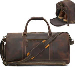 Genuine Full-grain Leather Travel Bag Large Capacity Duffel Luggage Bag with Shoe Compartment, Men Women Weekend Shoulder HandBag for Holiday Trip