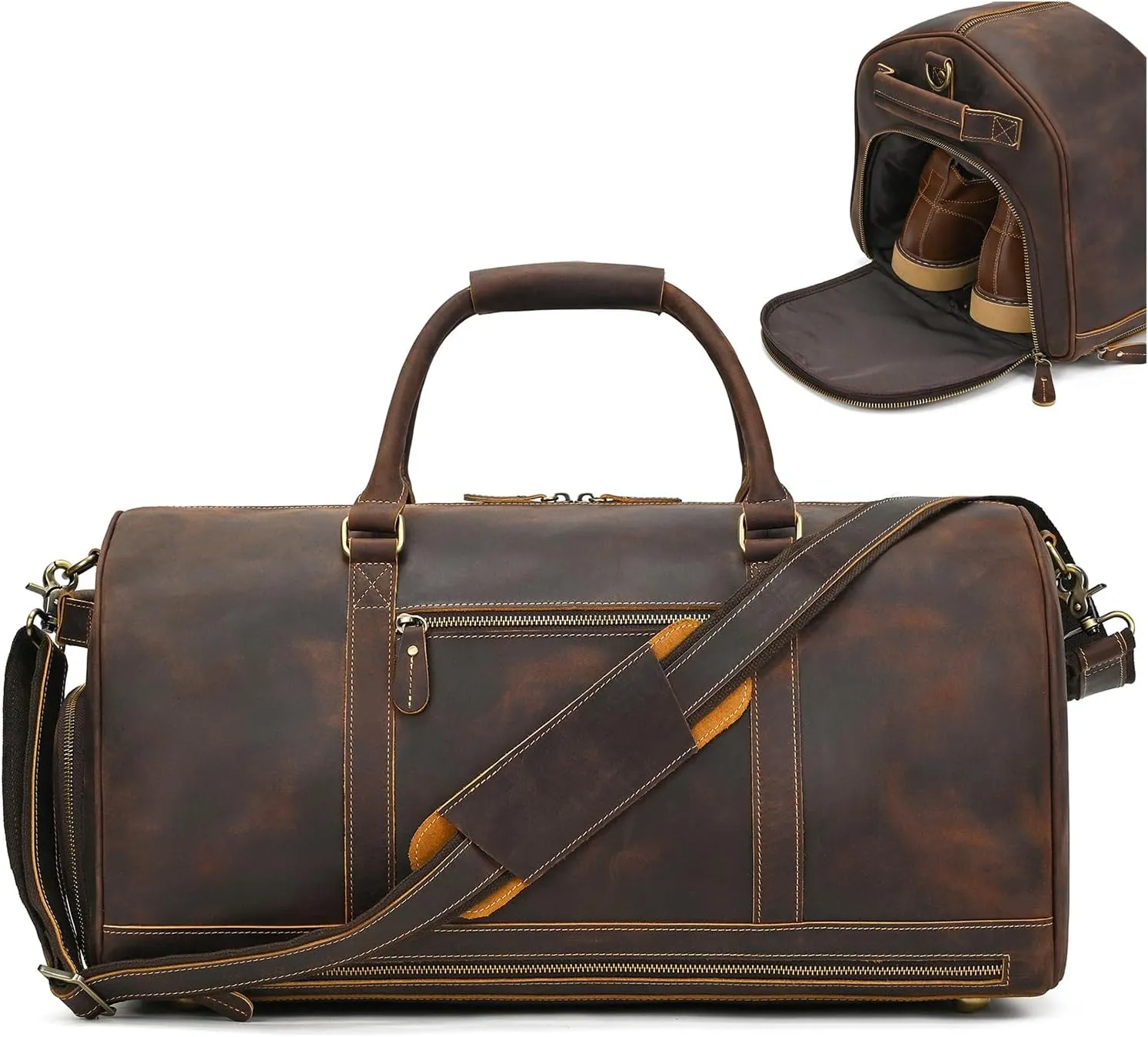 Genuine Full-grain Leather Travel Bag Large Capacity Duffel Luggage Bag with Shoe Compartment, Men Women Weekend Shoulder HandBag for Holiday Trip