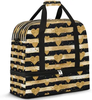 Glittering Heart Stripes Travel Duffel Bag, Travel Essentials, Gym Bag for Women, Weekender Overnight Bag With Shoes Compartment, Carry On Bags for Airplanes