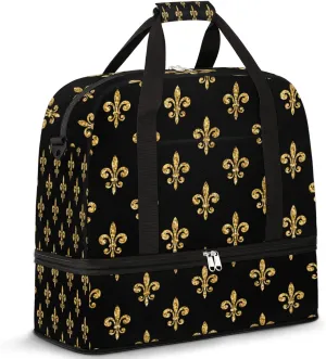 Golden Fleur-De-Lis Pattern Foldable Travel Duffel Bag Tote Carry on Luggage Sport Duffle for Women Men Gym Bag Overnight Weekender Bags with Shoe Compartments and Shoulder Strap
