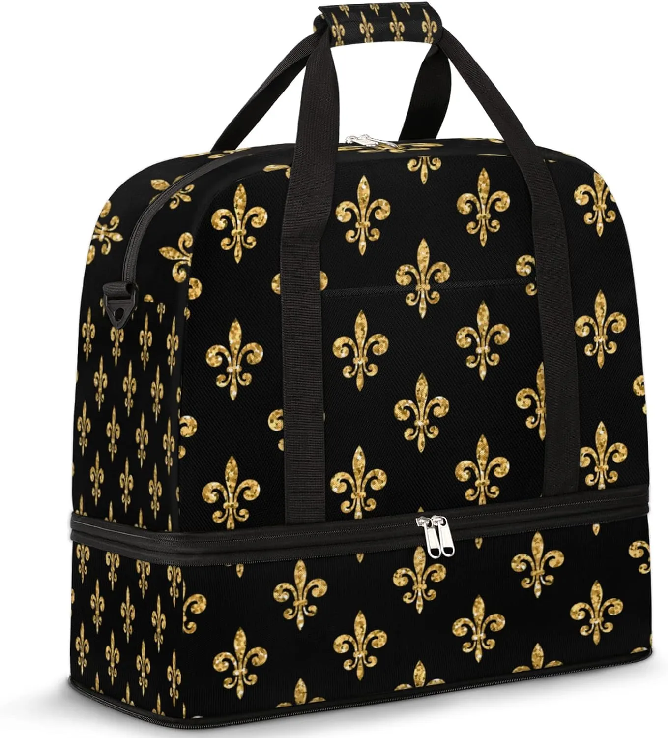Golden Fleur-De-Lis Pattern Foldable Travel Duffel Bag Tote Carry on Luggage Sport Duffle for Women Men Gym Bag Overnight Weekender Bags with Shoe Compartments and Shoulder Strap