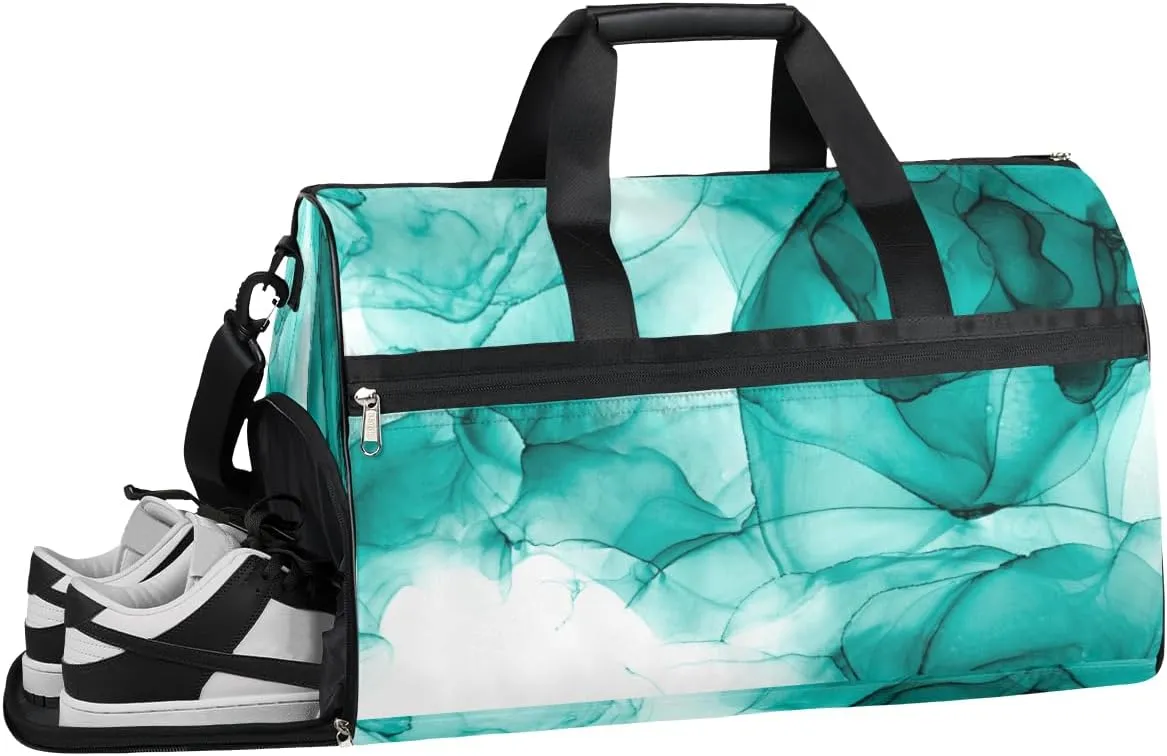 Green Flower Pattern Resistant Sports Gym Bag for Women Men Travel Duffel bag with Wet Pocket & Shoes Compartment Waterproof Weekender Bag 19.7"x9.9"x13"