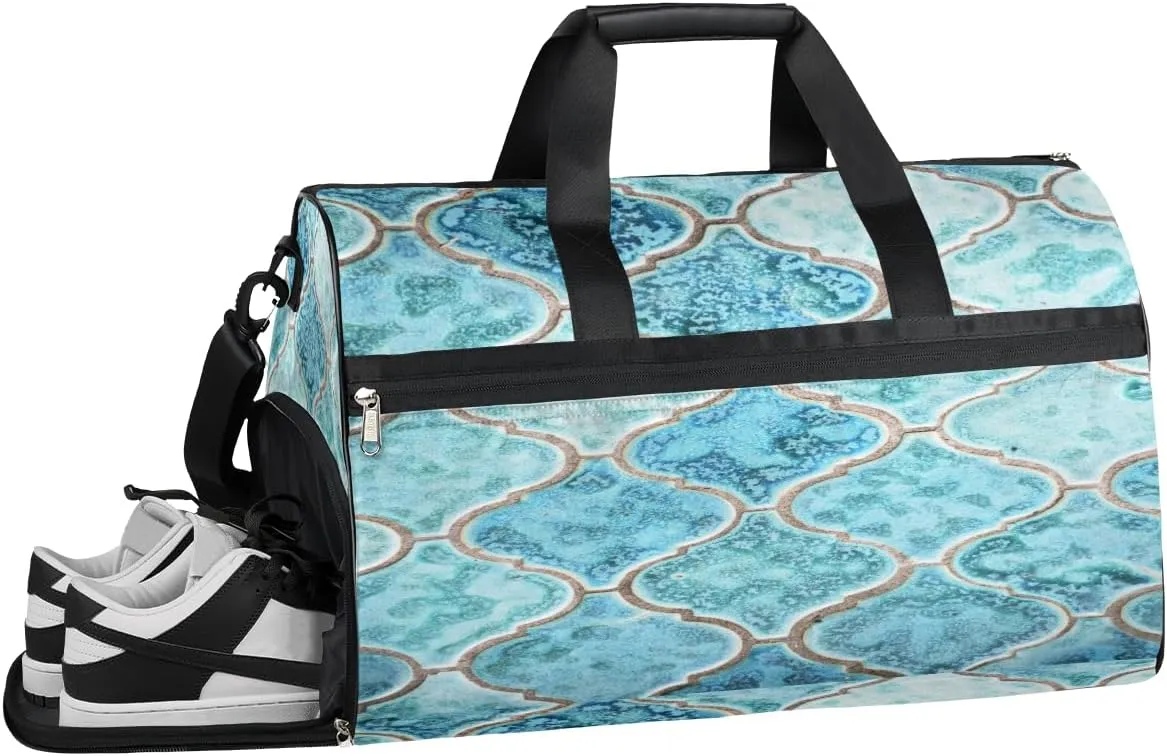 Green Tile Print Resistant Sports Gym Bag for Women Men Travel Duffel bag with Wet Pocket & Shoes Compartment Waterproof Weekender Bag 19.7"x9.9"x13"